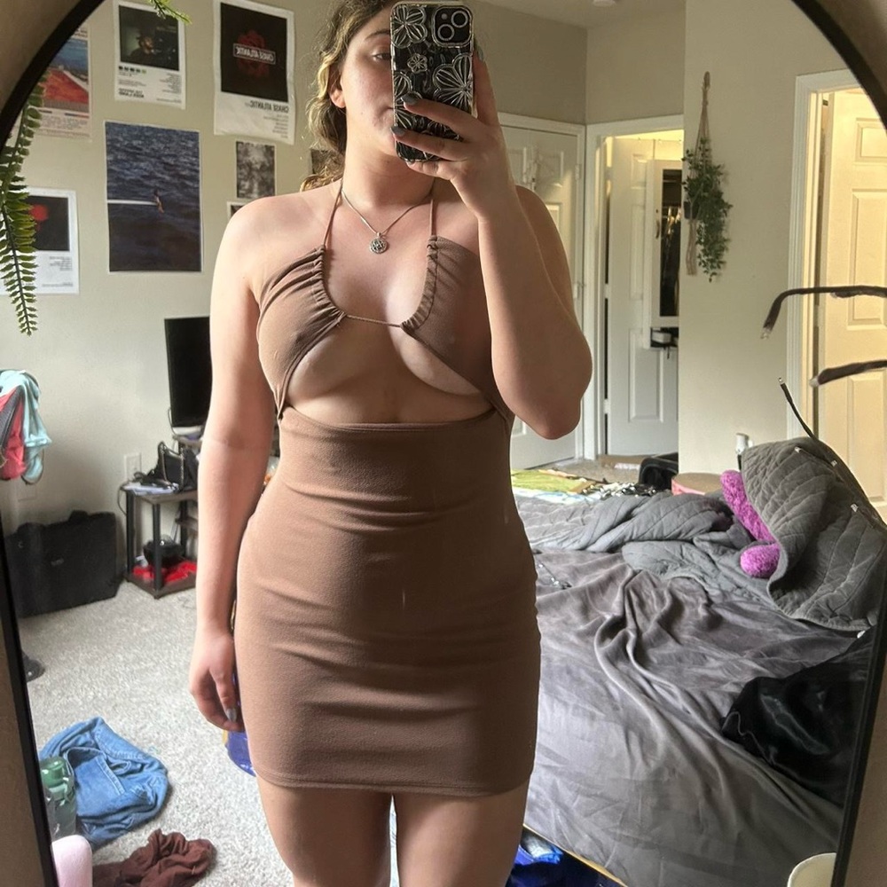 Brown Cutout Halter Mini Dress